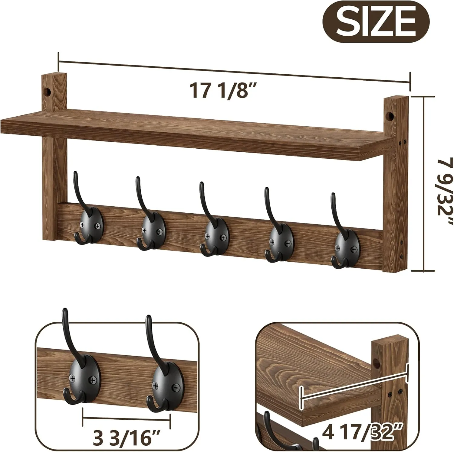 AMBIRD Wall Hooks with Shelf - Wooden Entryway Organizer with 5 Dual Hooks, Retro Wall-Mounted Coat Hook Rack for Bathroom, Living Room, Bedroom (17.12 Inch)