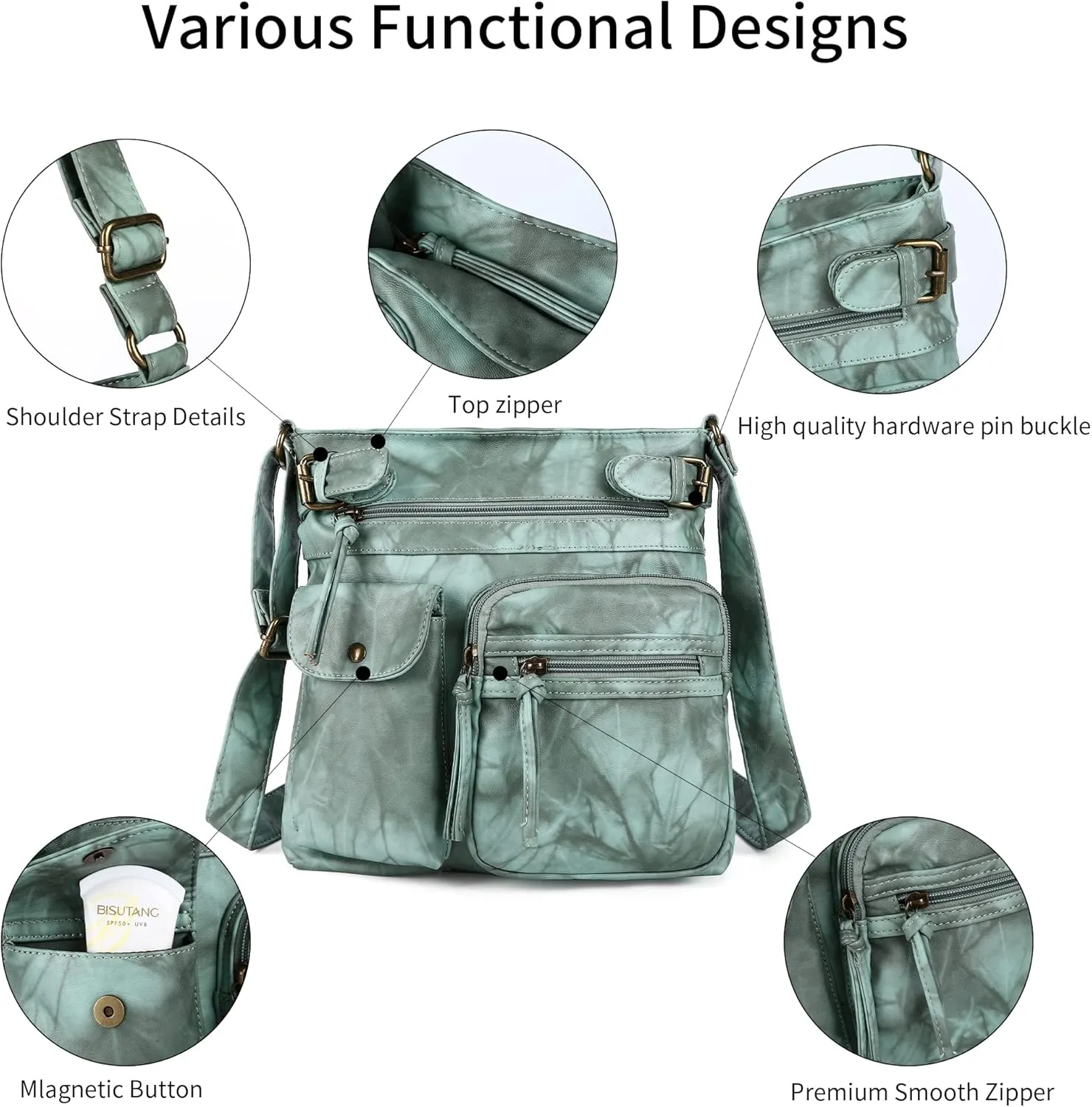 Angel Kiss Crossbody Bags for Women Washed Leather Shoulder Bags Multi Pocket Soft Hobo Purses and Medium Handbags