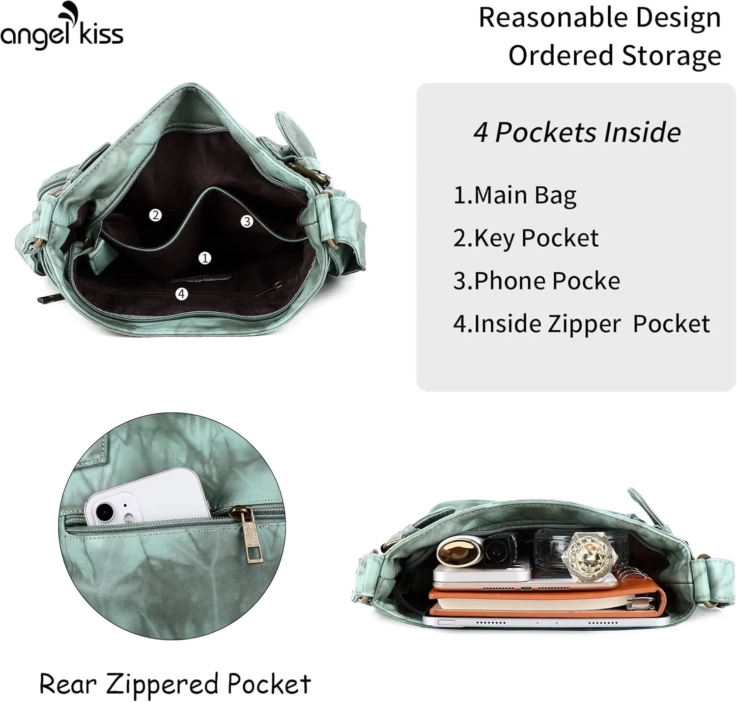 Angel Kiss Crossbody Bags for Women Washed Leather Shoulder Bags Multi Pocket Soft Hobo Purses and Medium Handbags