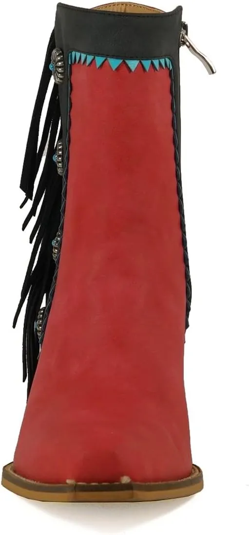 ARiIDER GIRL Gizelle Women's Mid Calf Fringe Booties Snip Toe Stacked Heel Buckle Studded Western Boots…