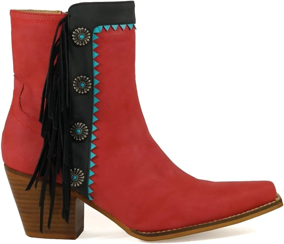 ARiIDER GIRL Gizelle Women's Mid Calf Fringe Booties Snip Toe Stacked Heel Buckle Studded Western Boots…