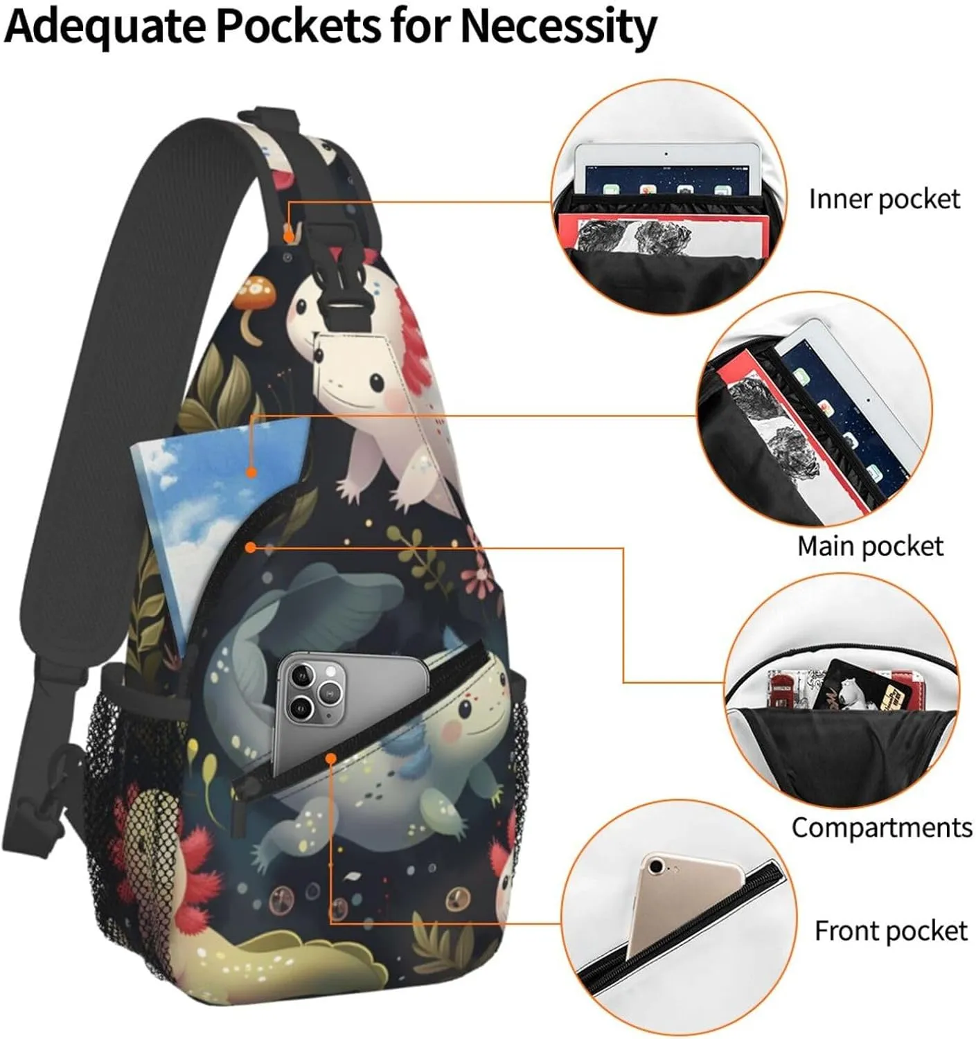 Axolotls Print Cross Chest Bag Diagonally Adjustable Straps Lightweight Sport Crossbody Bags