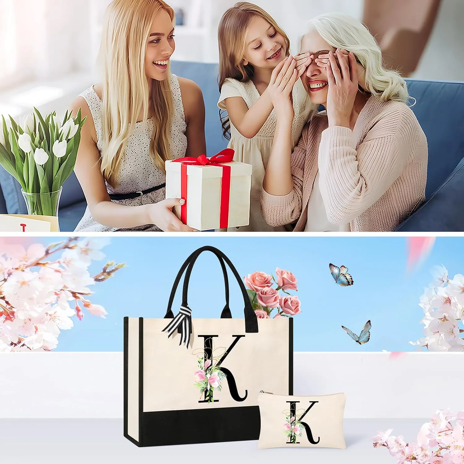 AYGE Personalized Initial Canvas Beach Tote, Monogrammed Gifts for Women, Makeup Bag, Birthday Gifts for Sister, Mom, Teacher, Bridesmaid (K)