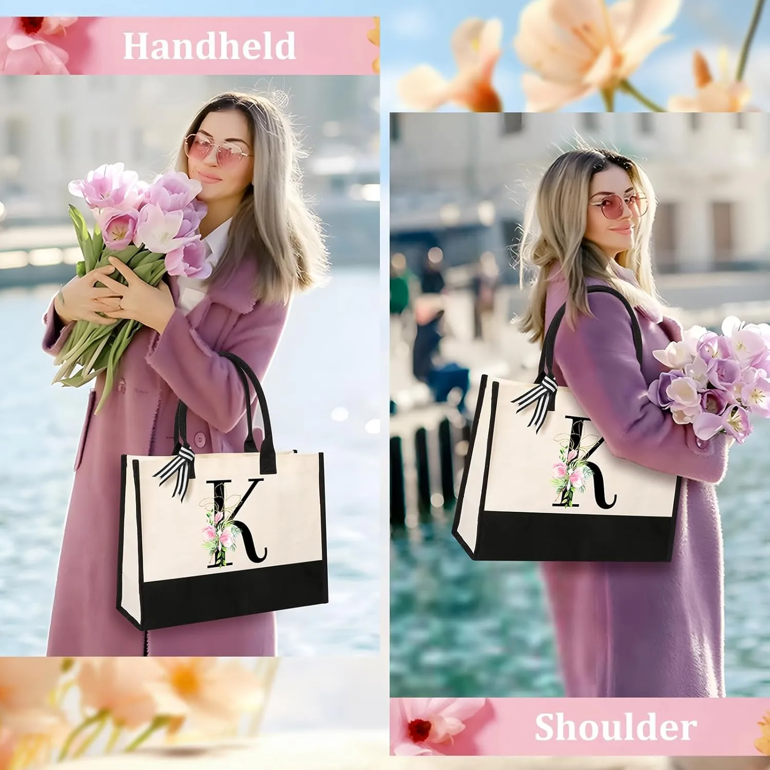 AYGE Personalized Initial Canvas Beach Tote, Monogrammed Gifts for Women, Makeup Bag, Birthday Gifts for Sister, Mom, Teacher, Bridesmaid (K)
