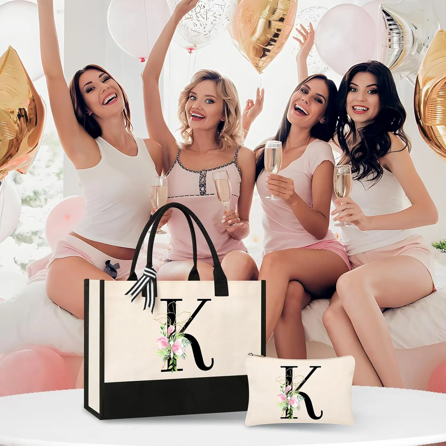 AYGE Personalized Initial Canvas Beach Tote, Monogrammed Gifts for Women, Makeup Bag, Birthday Gifts for Sister, Mom, Teacher, Bridesmaid (K)
