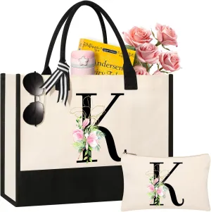 AYGE Personalized Initial Canvas Beach Tote, Monogrammed Gifts for Women, Makeup Bag, Birthday Gifts for Sister, Mom, Teacher, Bridesmaid (K)