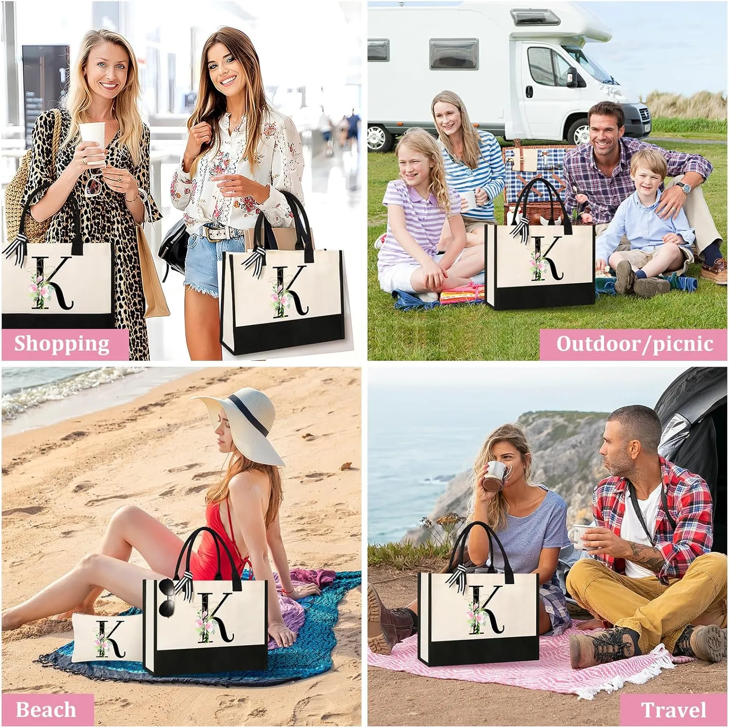 AYGE Personalized Initial Canvas Beach Tote, Monogrammed Gifts for Women, Makeup Bag, Birthday Gifts for Sister, Mom, Teacher, Bridesmaid (K)