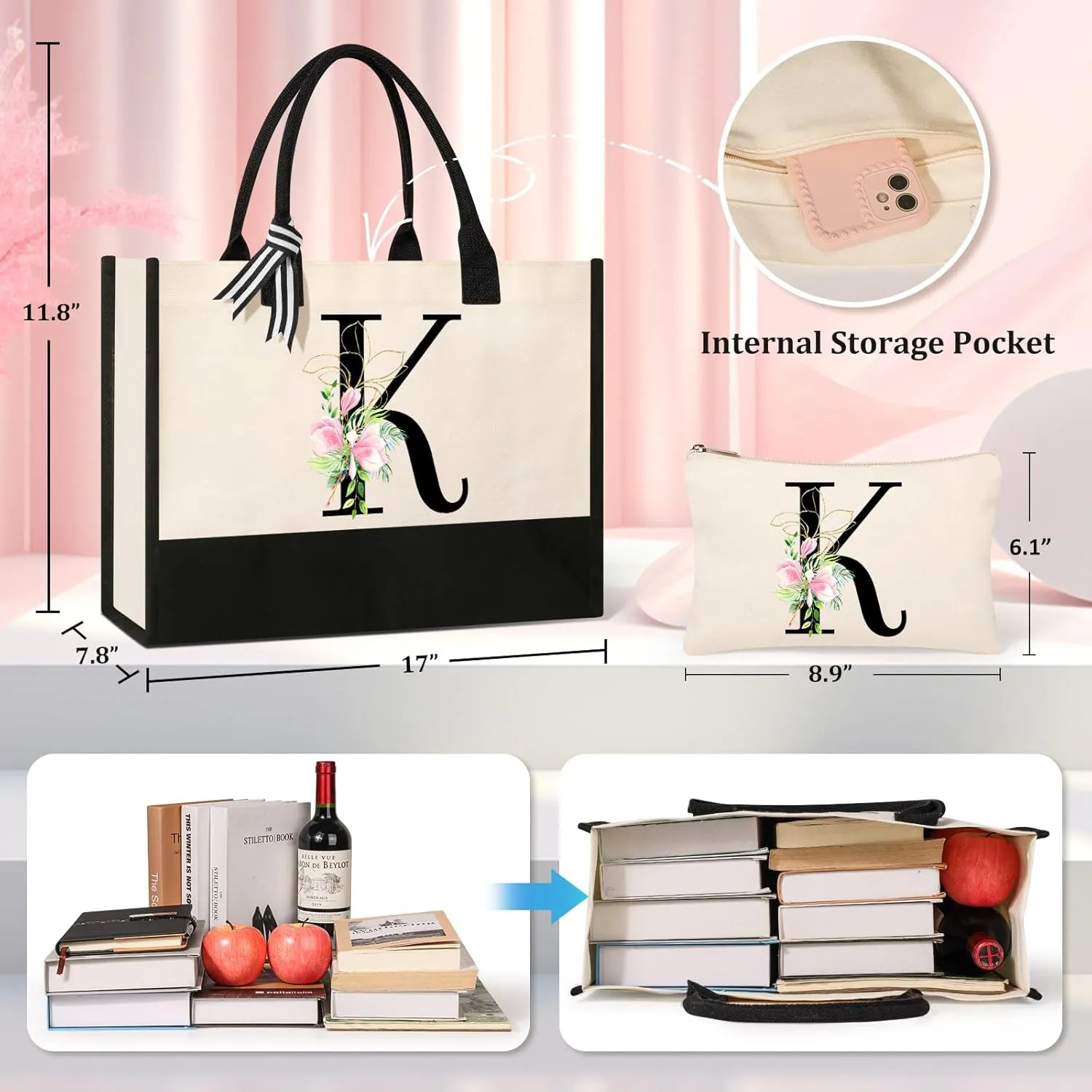 AYGE Personalized Initial Canvas Beach Tote, Monogrammed Gifts for Women, Makeup Bag, Birthday Gifts for Sister, Mom, Teacher, Bridesmaid (K)