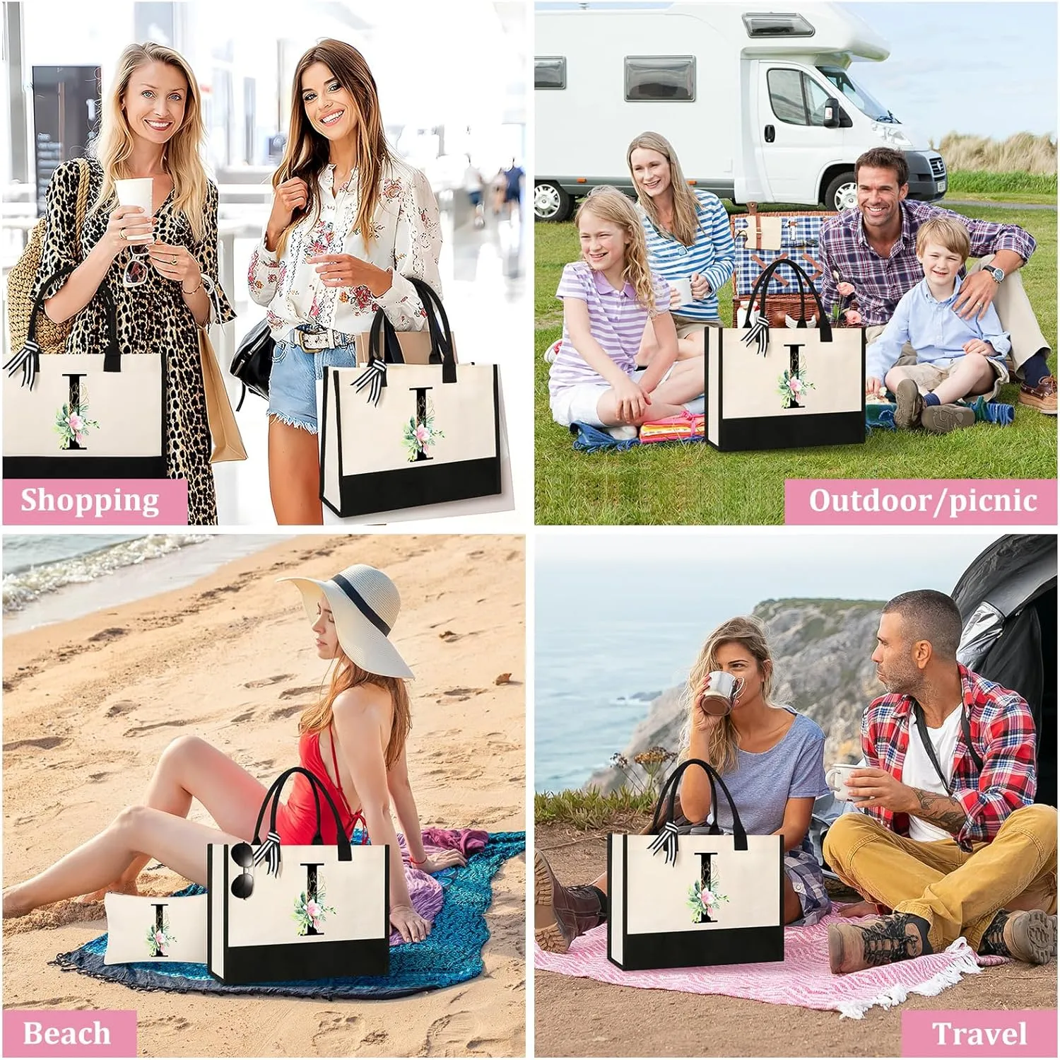 AYGE Personalized Initial Canvas Beach Tote, Monogrammed Gifts for Women, Makeup Bag, Birthday Gifts for Sister, Mom, Teacher, Bridesmaid