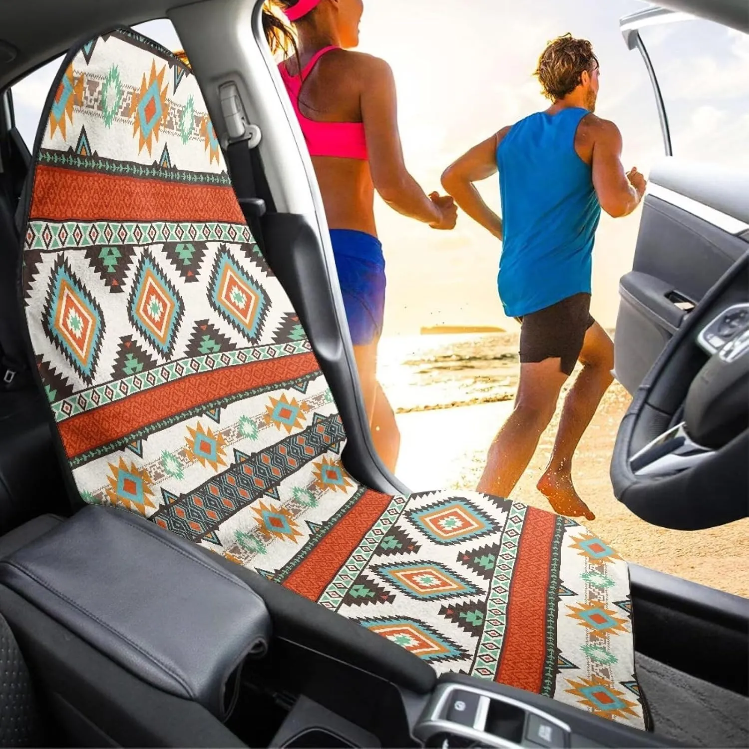 Aztec Style Print Car Seat Cover Front Seat Only, Universal Waterproof Seat Hoody Towel Seat Cover for Auto SUV Truck, Washable Cooling Bucket Car Seat Protector for Swimming Working Running