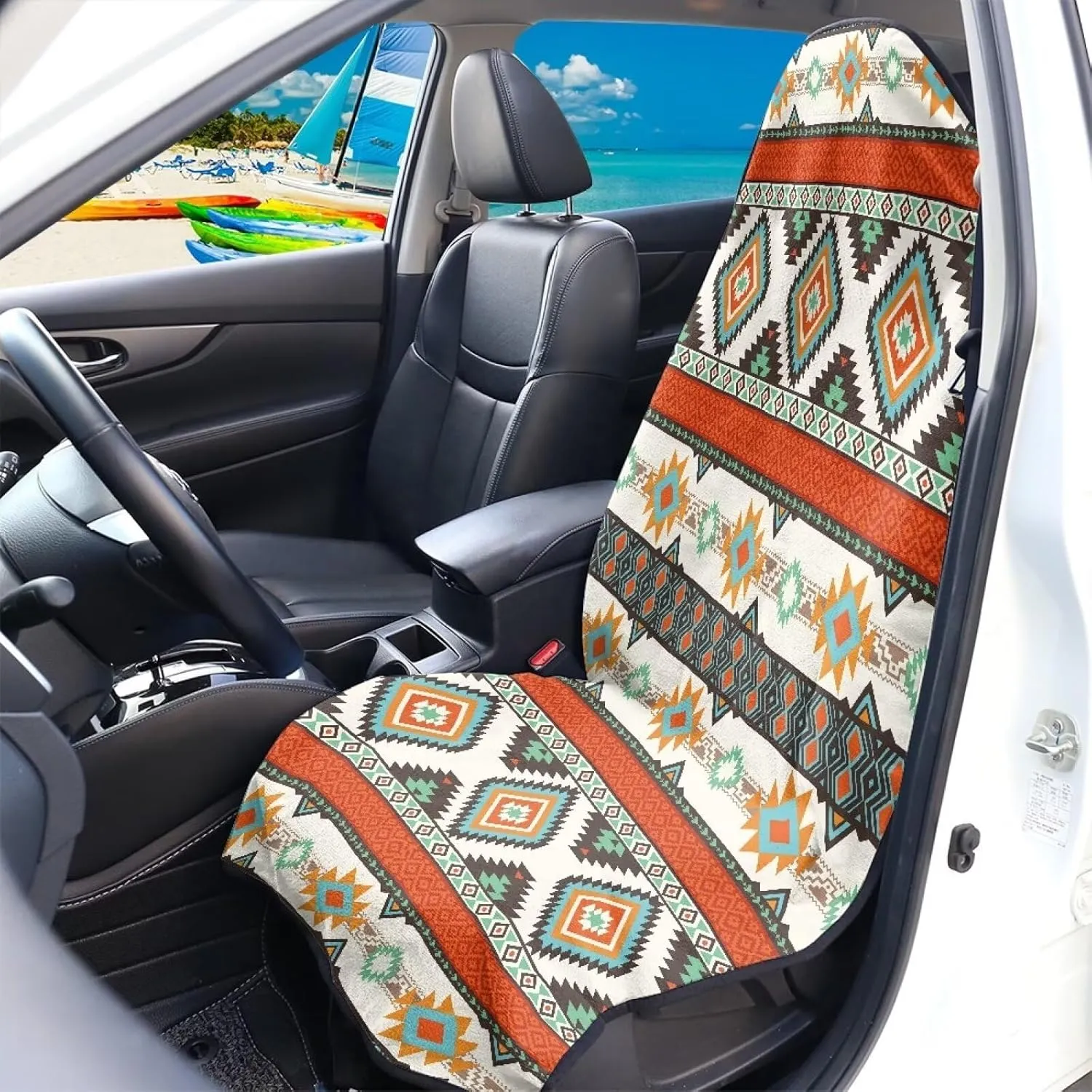 Aztec Style Print Car Seat Cover Front Seat Only, Universal Waterproof Seat Hoody Towel Seat Cover for Auto SUV Truck, Washable Cooling Bucket Car Seat Protector for Swimming Working Running