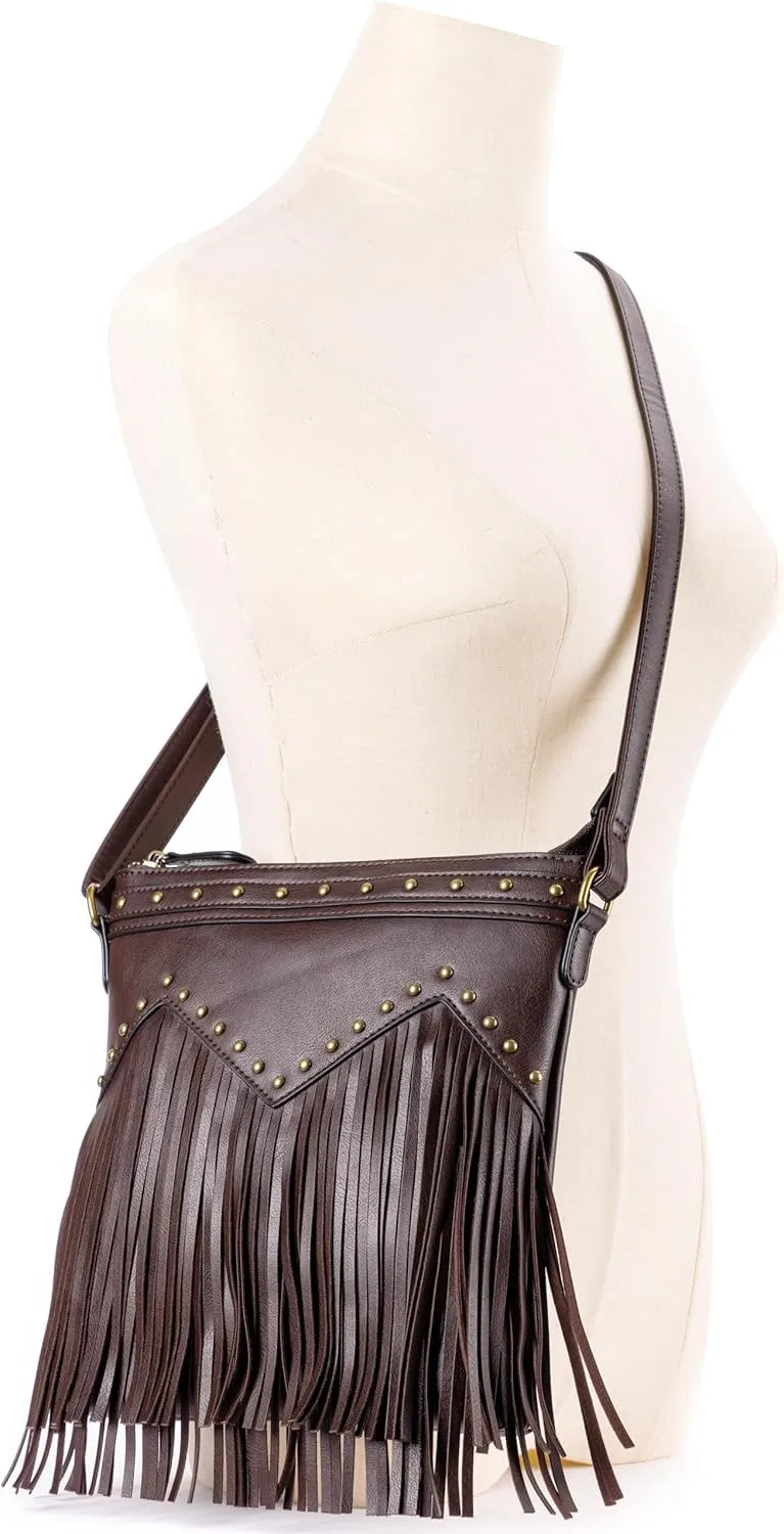 B BRENTANO Vegan Fringed Crossbody Bag with Studs