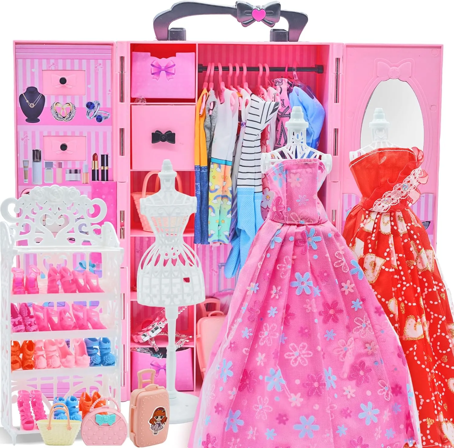 Baby Doll Clothes Girls Toys - 102 Pcs Kids Dolls Accessories With Closet for 11.5 Inch Doll Dress Up, Wedding Outfit, Tops, Pants, Shoes, Hanger, Bag - Christmas & Birthday Gifts for Girls