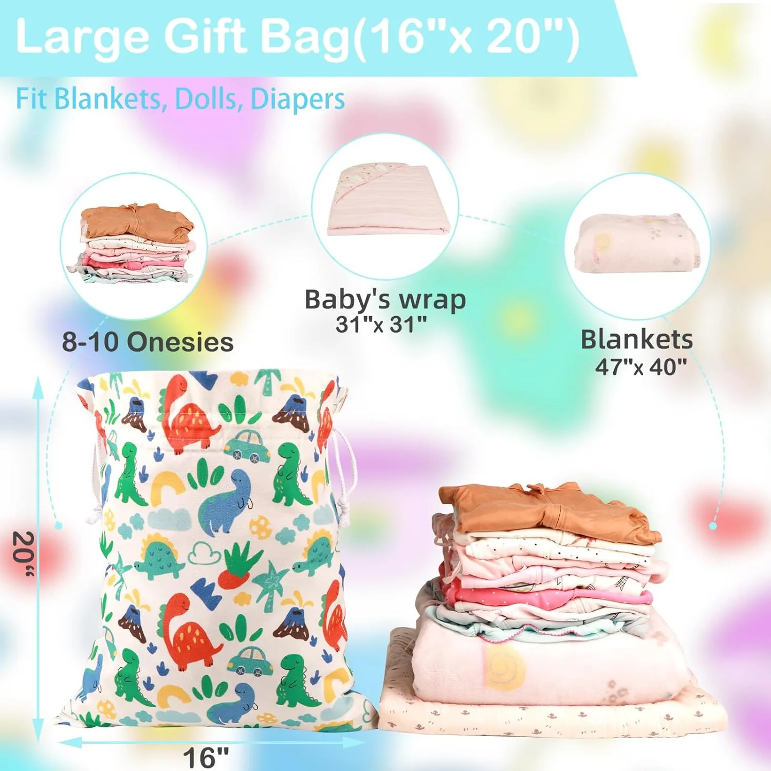 Baby Gift Bags | Premium Canvas Bags | Reusable Drawstring Gift Bags for Baby Shower,Birthday (Dinosaur, Large & Small (pack of 2))