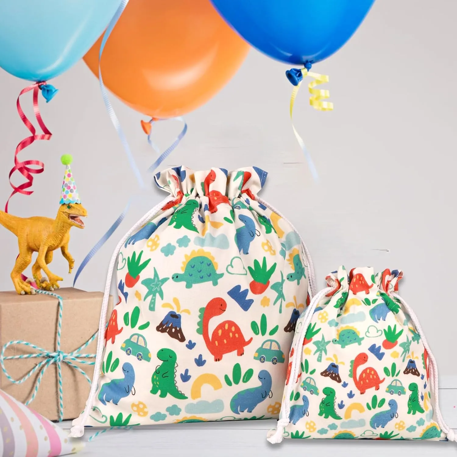 Baby Gift Bags | Premium Canvas Bags | Reusable Drawstring Gift Bags for Baby Shower,Birthday (Dinosaur, Large & Small (pack of 2))
