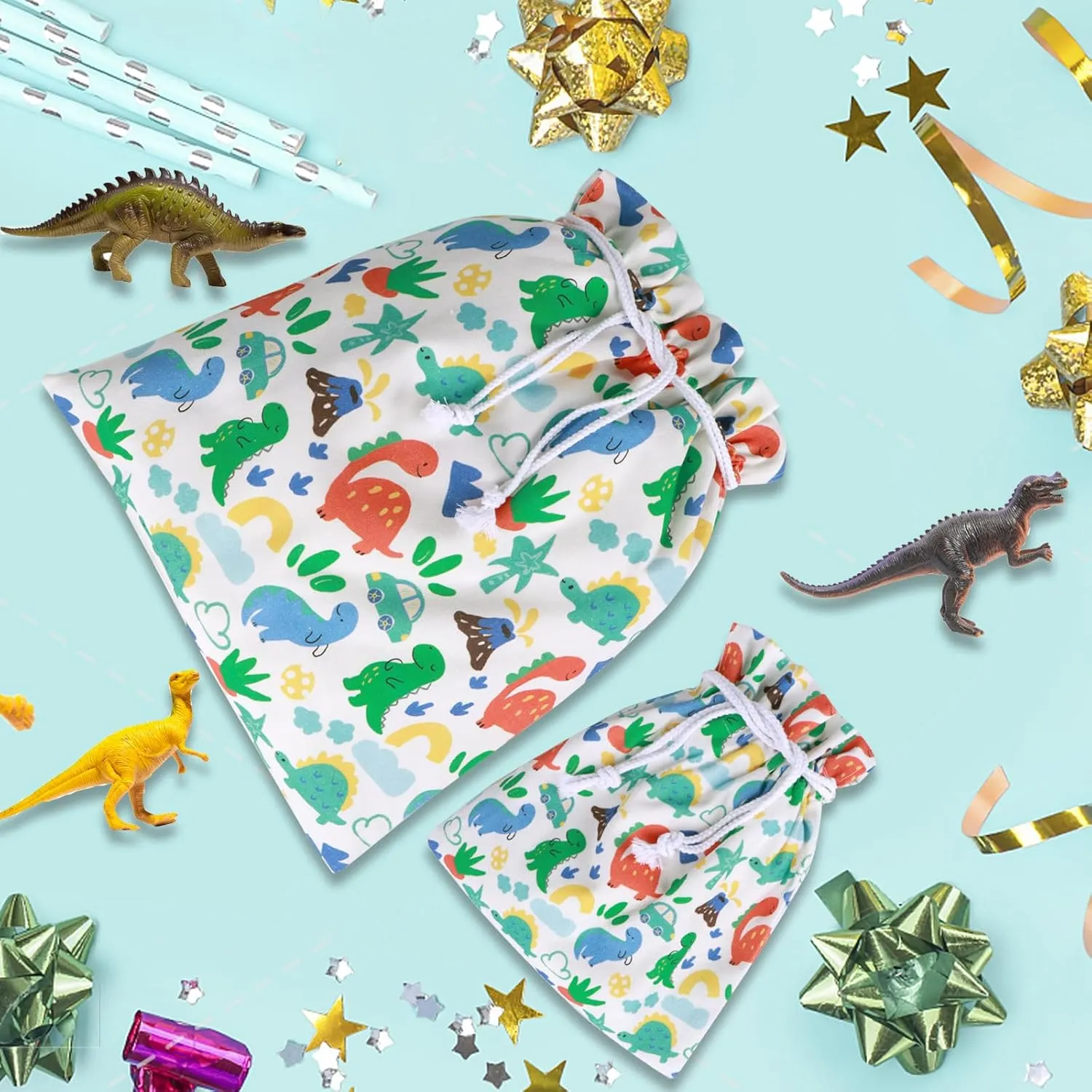 Baby Gift Bags | Premium Canvas Bags | Reusable Drawstring Gift Bags for Baby Shower,Birthday (Dinosaur, Large & Small (pack of 2))
