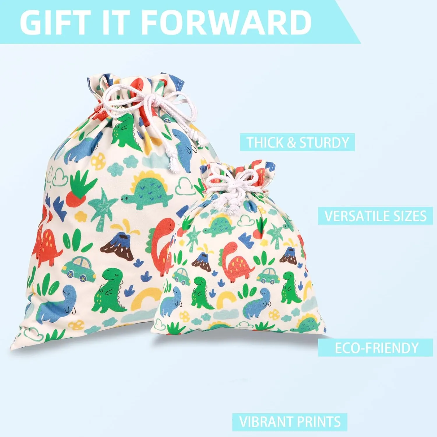 Baby Gift Bags | Premium Canvas Bags | Reusable Drawstring Gift Bags for Baby Shower,Birthday (Dinosaur, Large & Small (pack of 2))
