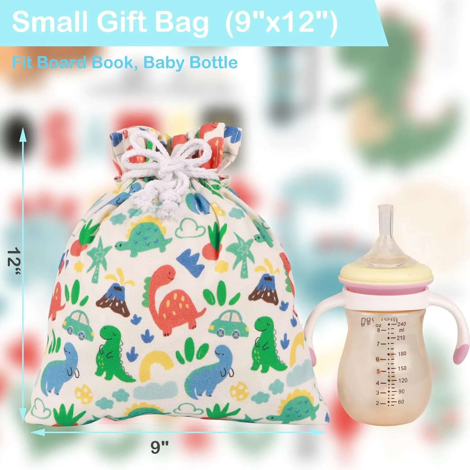 Baby Gift Bags | Premium Canvas Bags | Reusable Drawstring Gift Bags for Baby Shower,Birthday (Dinosaur, Large & Small (pack of 2))