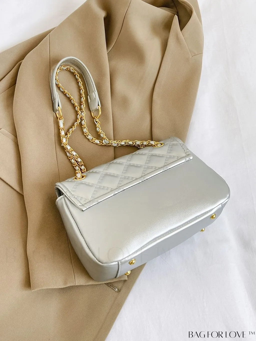 BagForLove - Avant-garde Metallic Stitched Flap Shoulder Bag with Chain Strap - Sleek, Glossy Design