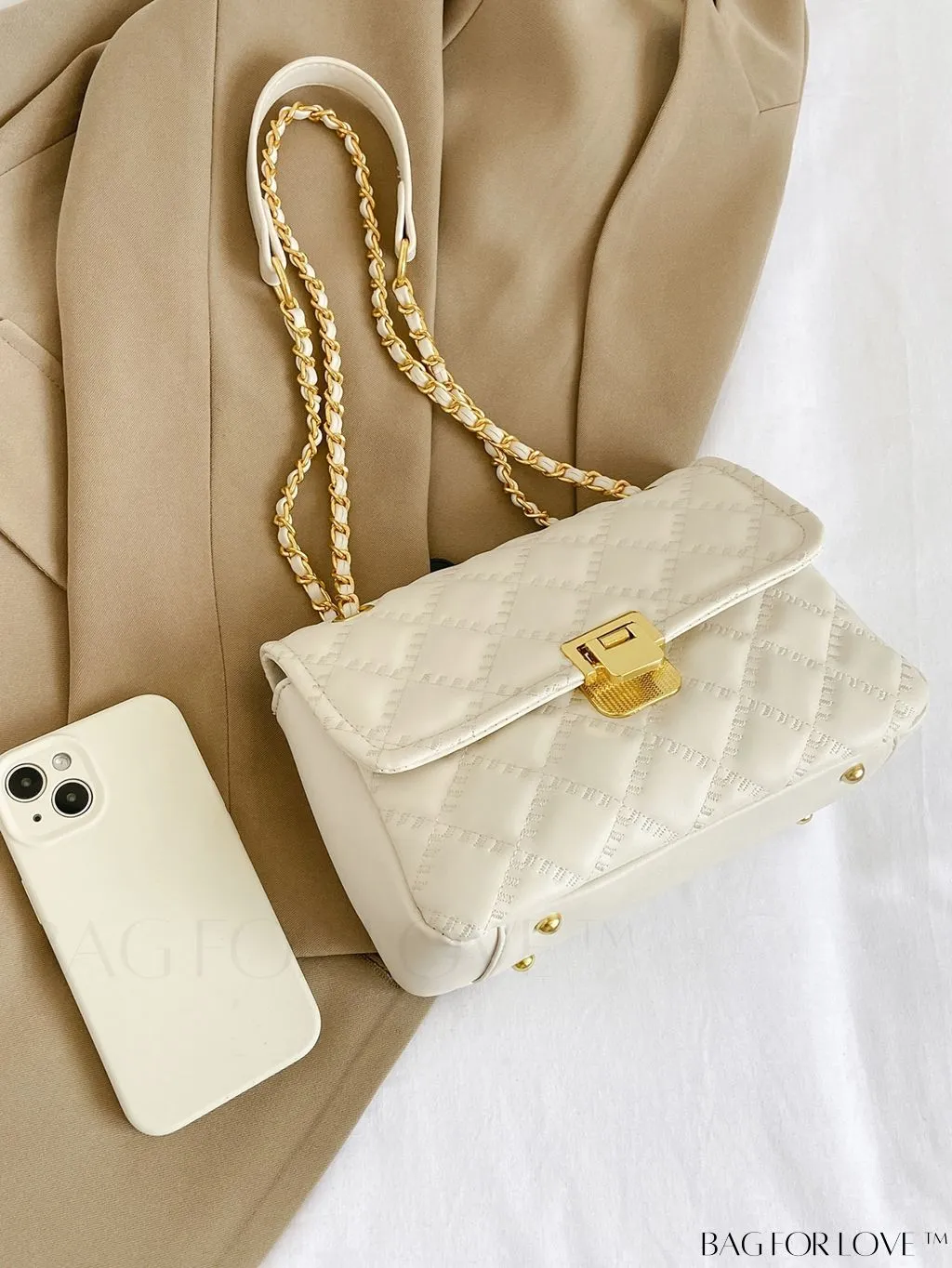 BagForLove - Avant-garde Metallic Stitched Flap Shoulder Bag with Chain Strap - Sleek, Glossy Design