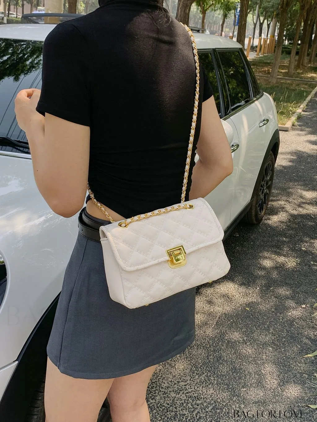 BagForLove - Avant-garde Metallic Stitched Flap Shoulder Bag with Chain Strap - Sleek, Glossy Design