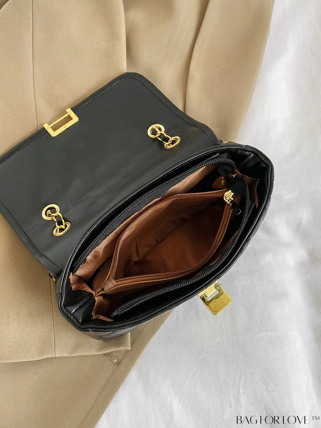 BagForLove - Avant-garde Metallic Stitched Flap Shoulder Bag with Chain Strap - Sleek, Glossy Design