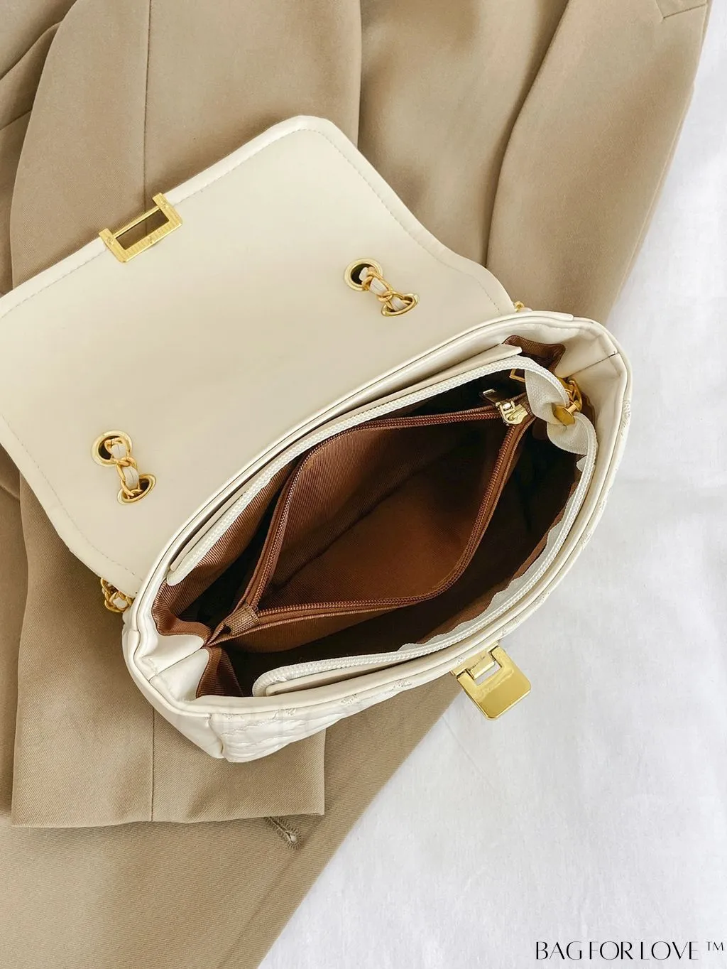 BagForLove - Avant-garde Metallic Stitched Flap Shoulder Bag with Chain Strap - Sleek, Glossy Design