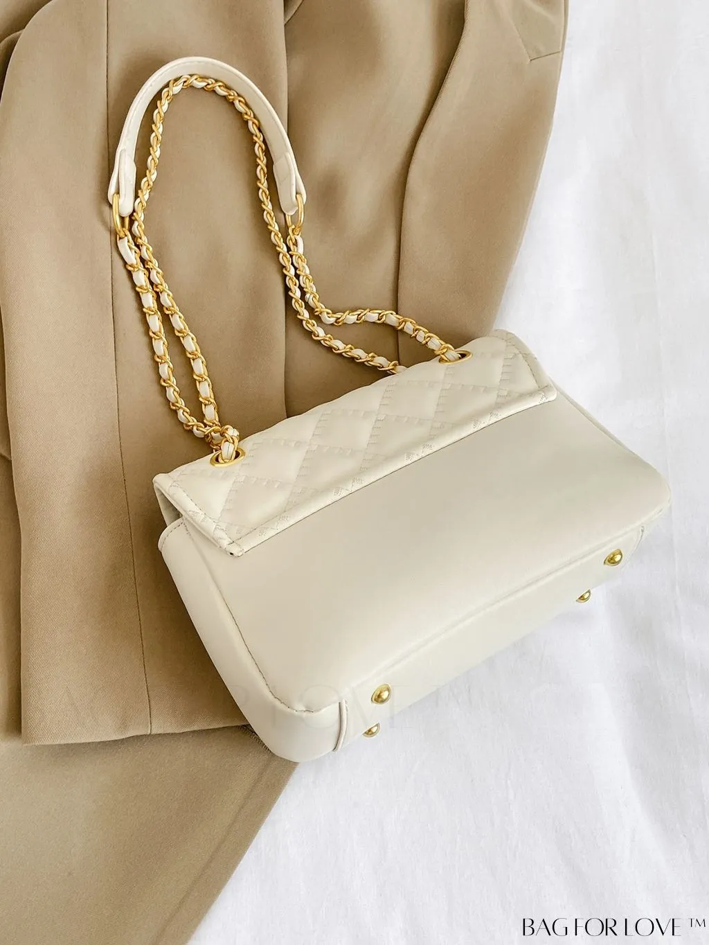 BagForLove - Avant-garde Metallic Stitched Flap Shoulder Bag with Chain Strap - Sleek, Glossy Design