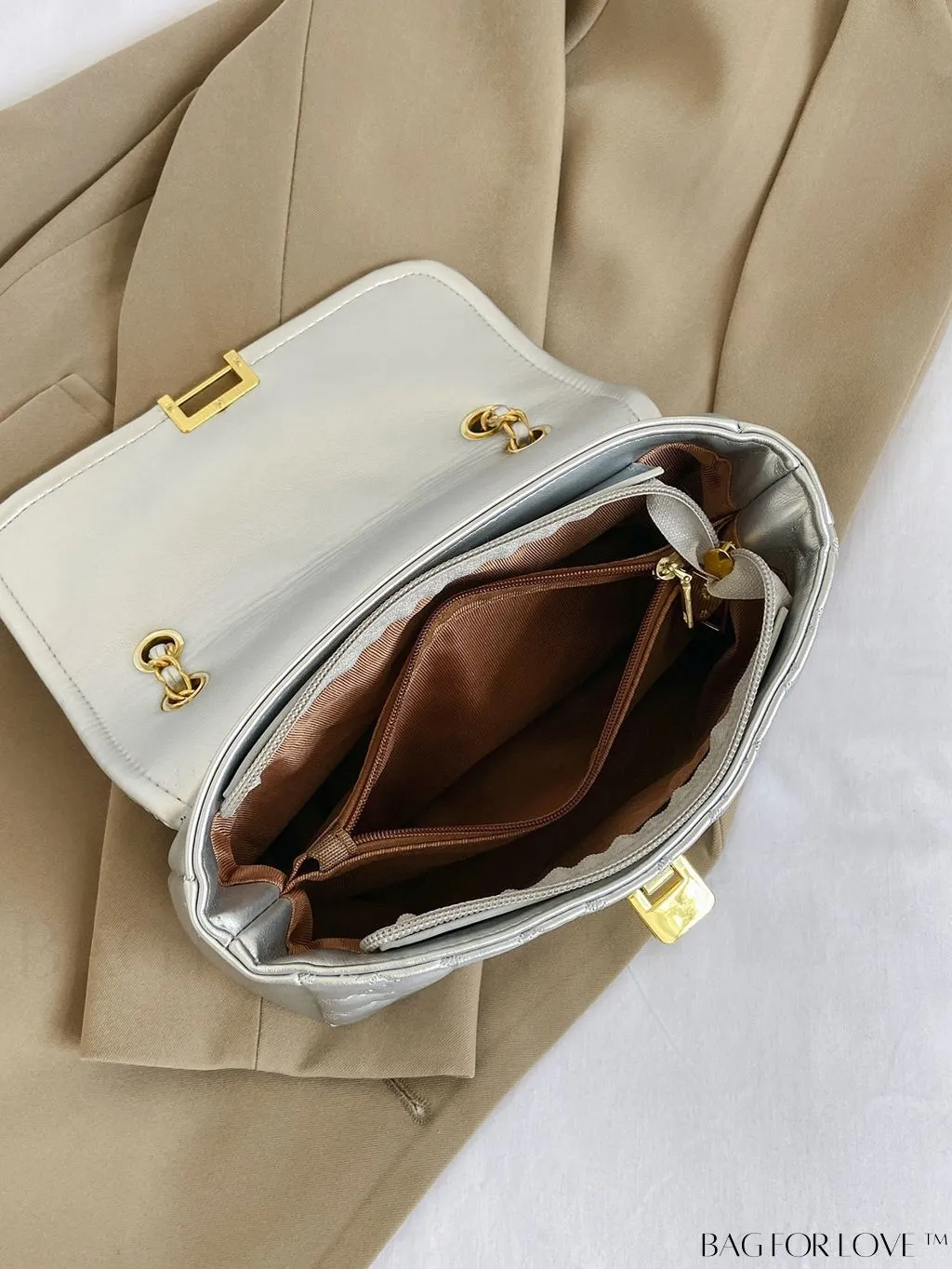 BagForLove - Avant-garde Metallic Stitched Flap Shoulder Bag with Chain Strap - Sleek, Glossy Design
