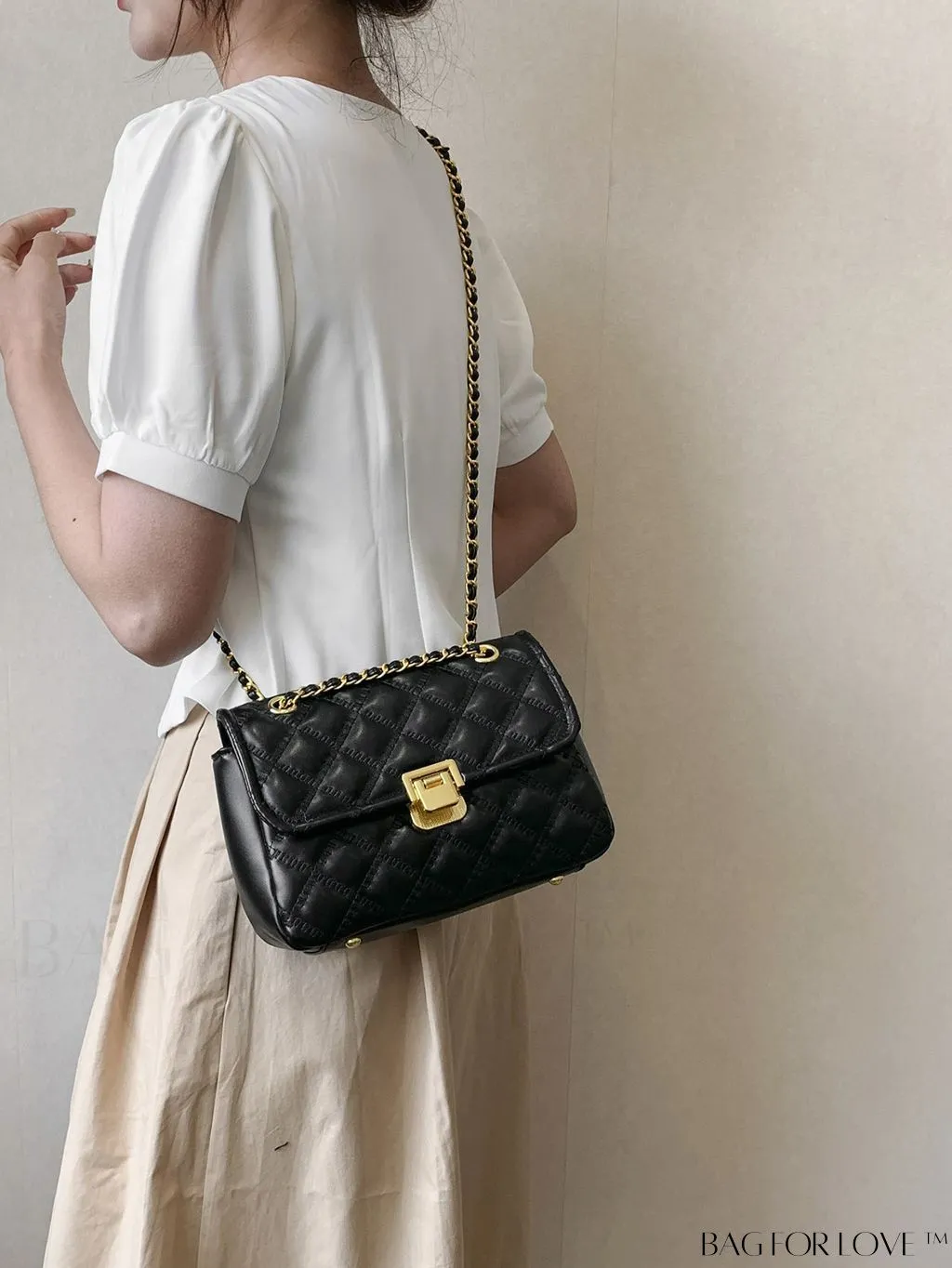 BagForLove - Avant-garde Metallic Stitched Flap Shoulder Bag with Chain Strap - Sleek, Glossy Design