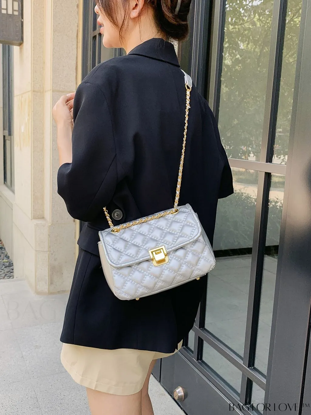 BagForLove - Avant-garde Metallic Stitched Flap Shoulder Bag with Chain Strap - Sleek, Glossy Design