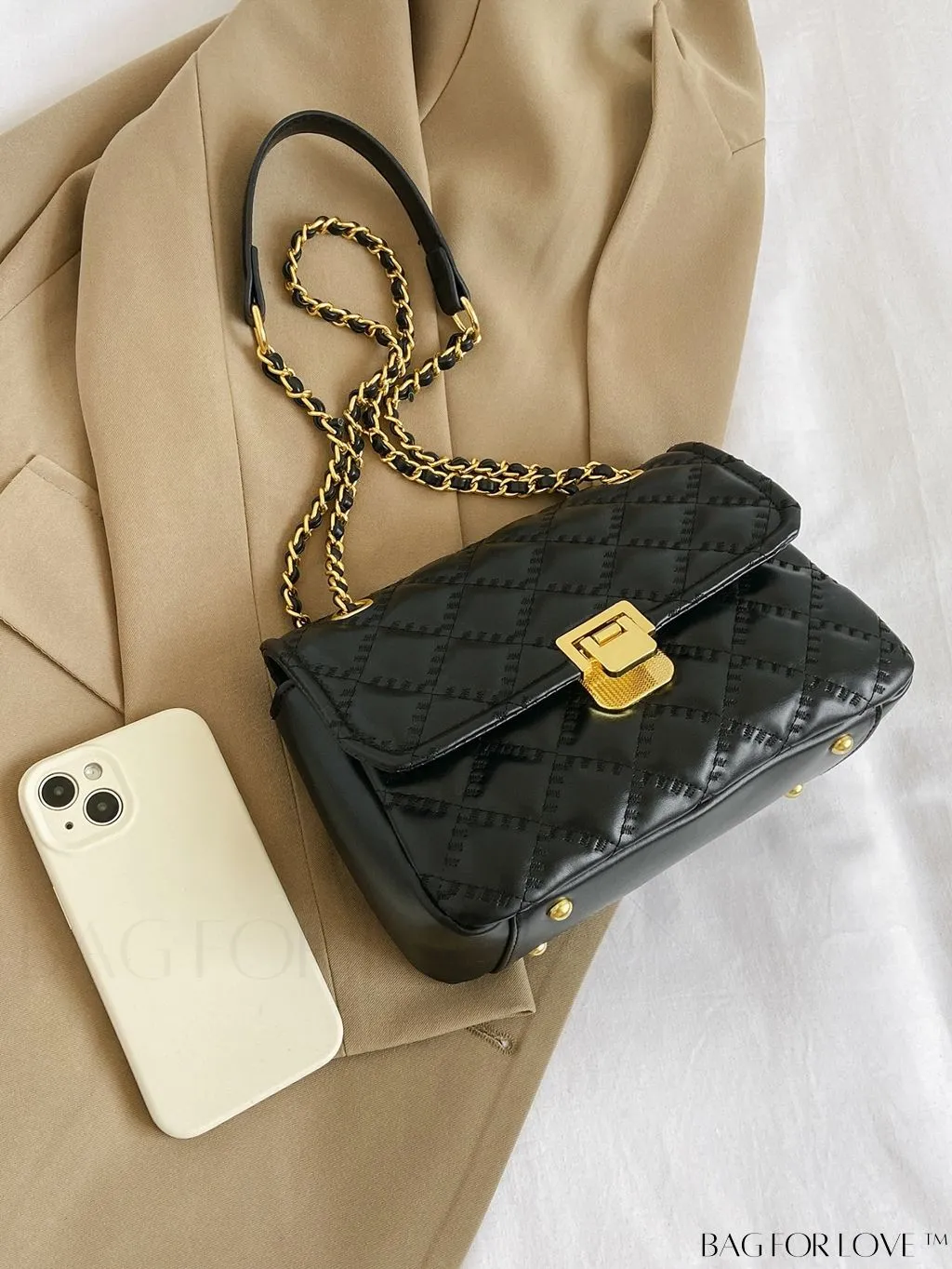 BagForLove - Avant-garde Metallic Stitched Flap Shoulder Bag with Chain Strap - Sleek, Glossy Design