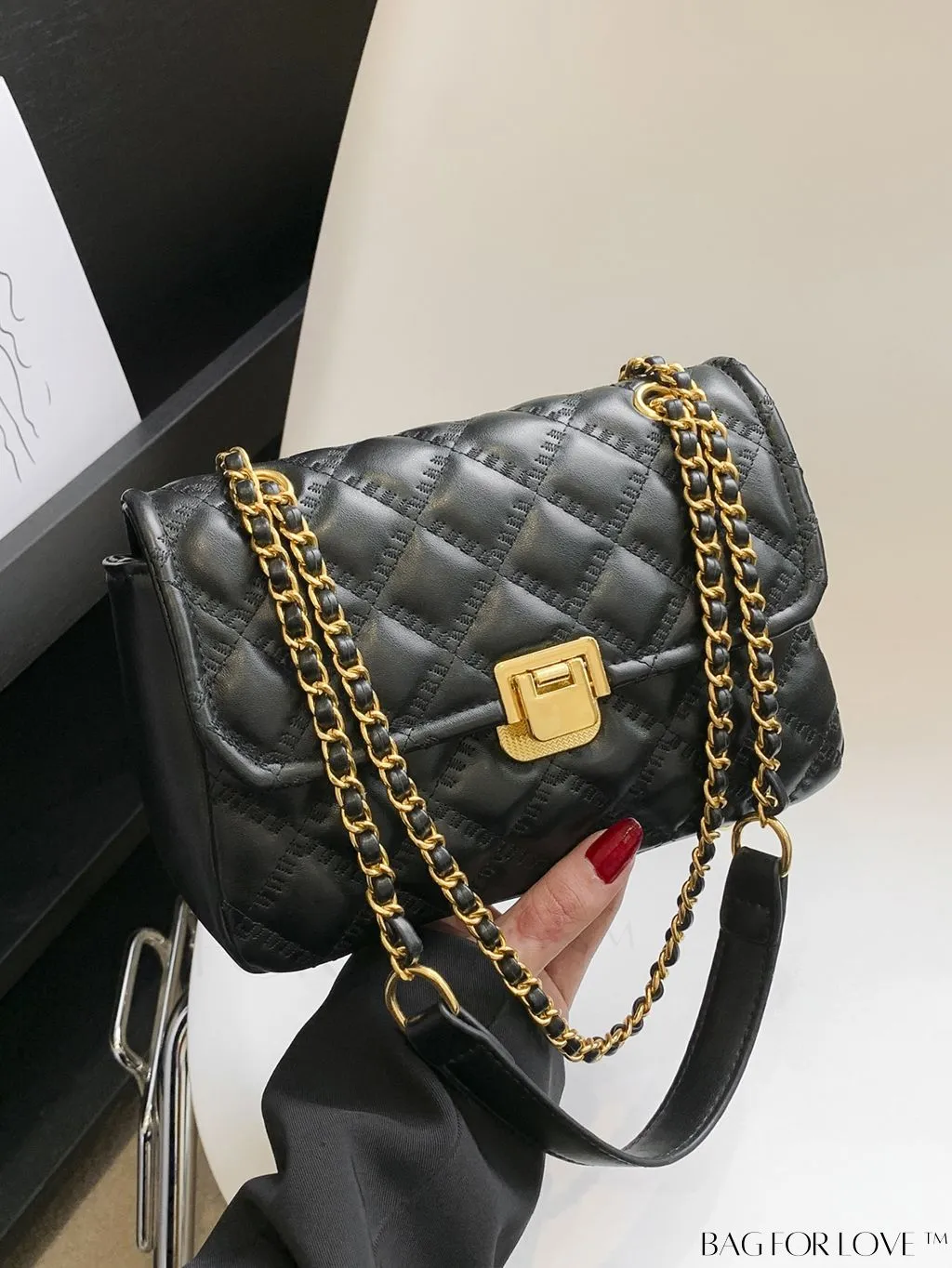 BagForLove - Avant-garde Metallic Stitched Flap Shoulder Bag with Chain Strap - Sleek, Glossy Design