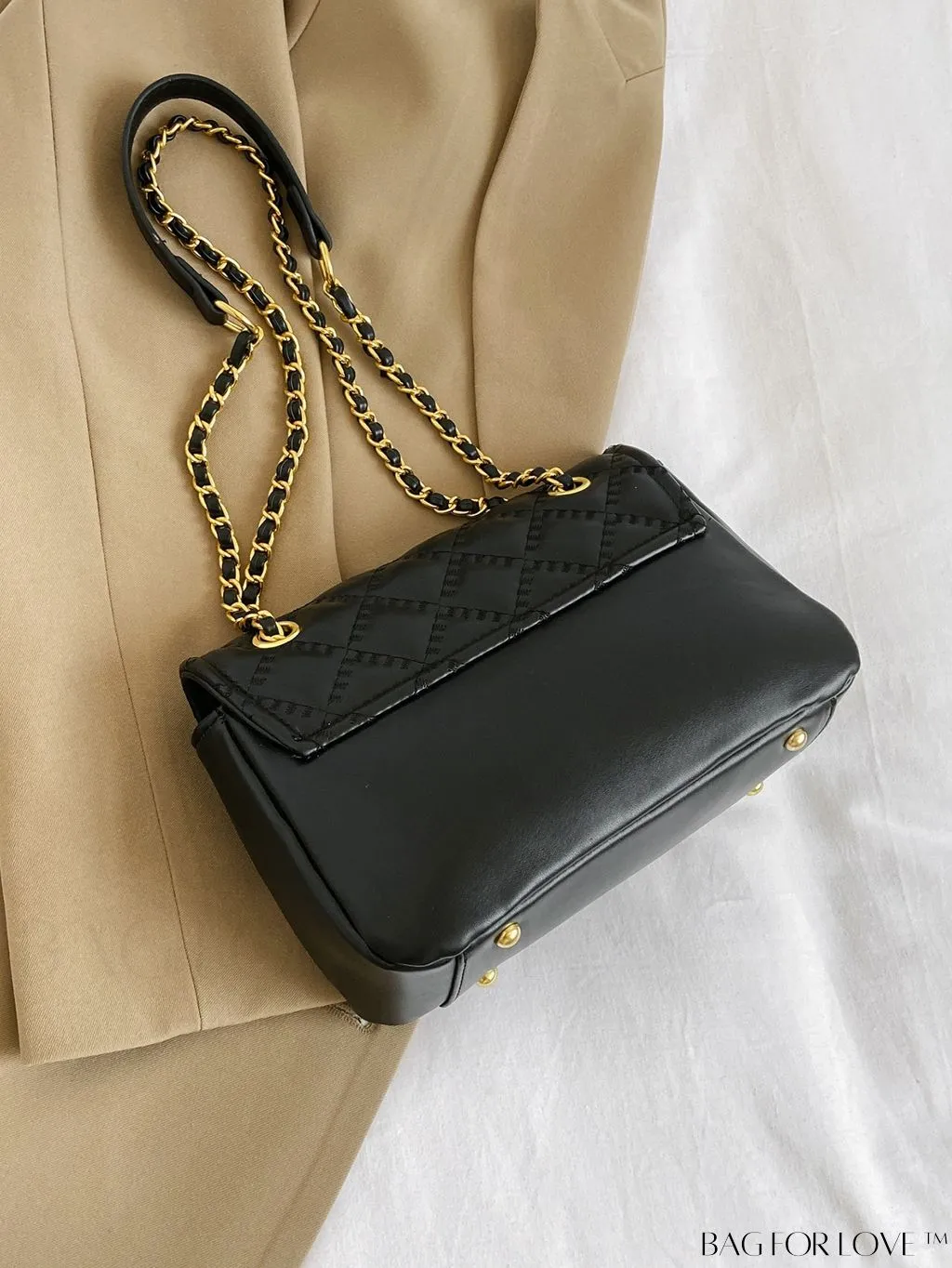 BagForLove - Avant-garde Metallic Stitched Flap Shoulder Bag with Chain Strap - Sleek, Glossy Design
