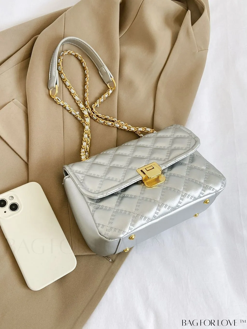 BagForLove - Avant-garde Metallic Stitched Flap Shoulder Bag with Chain Strap - Sleek, Glossy Design