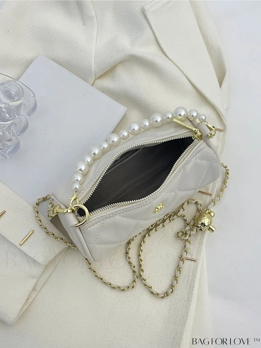 BagForLove - Chic Mini Quilted Bucket Bag with Chain Strap & Faux Pearl Embellishments