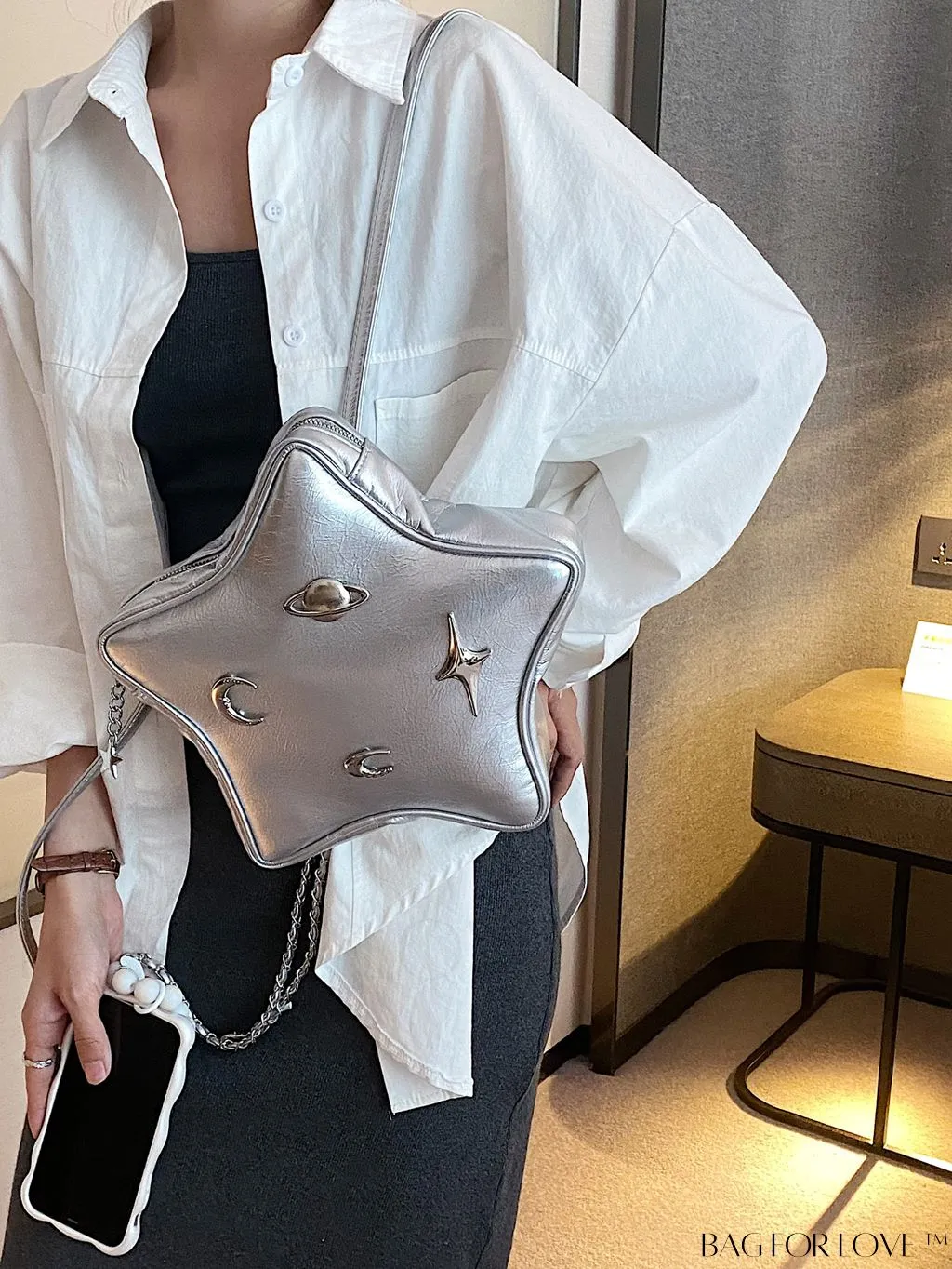 BagForLove - Chic Silver Backpack with Unique Star Design, Metal Decor & Funky Chain Strap