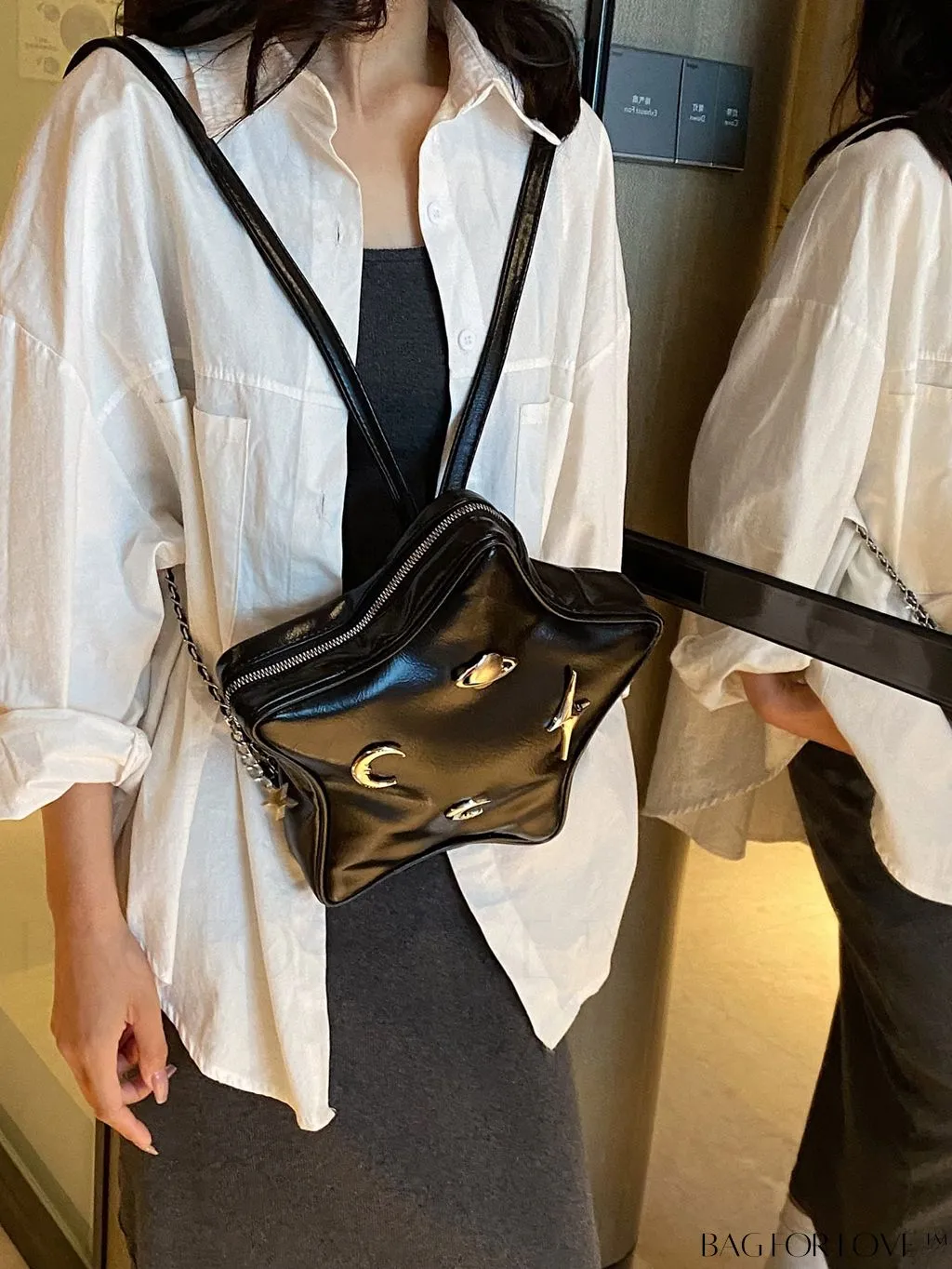 BagForLove - Chic Silver Backpack with Unique Star Design, Metal Decor & Funky Chain Strap