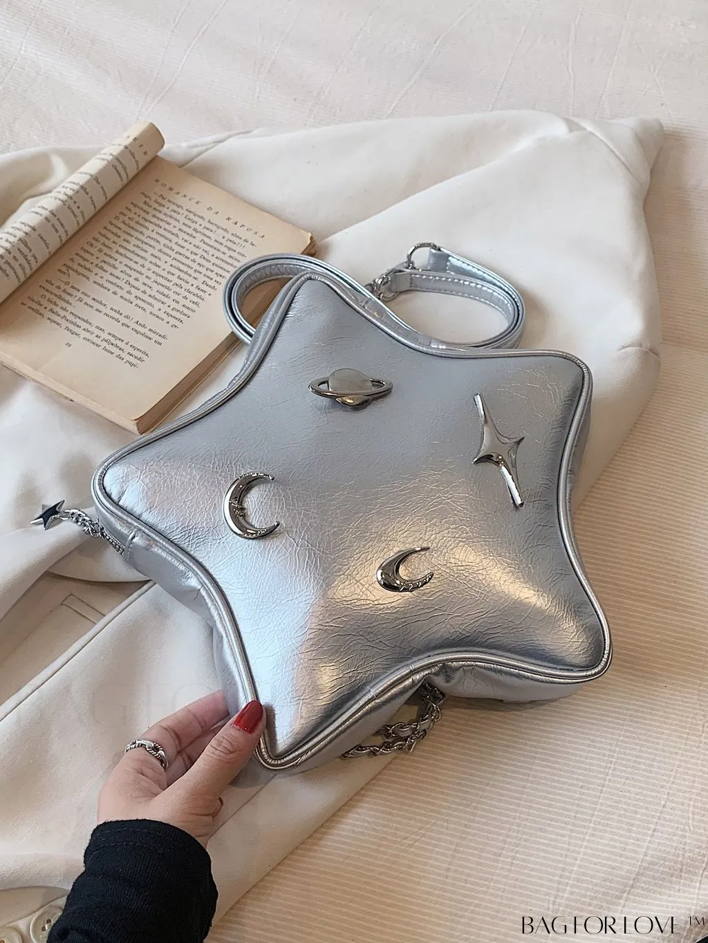 BagForLove - Chic Silver Backpack with Unique Star Design, Metal Decor & Funky Chain Strap