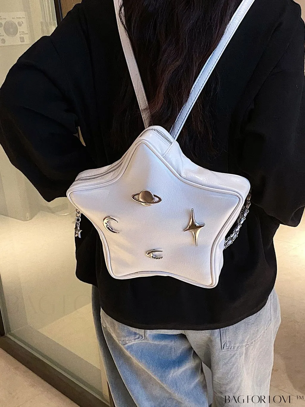 BagForLove - Chic Silver Backpack with Unique Star Design, Metal Decor & Funky Chain Strap