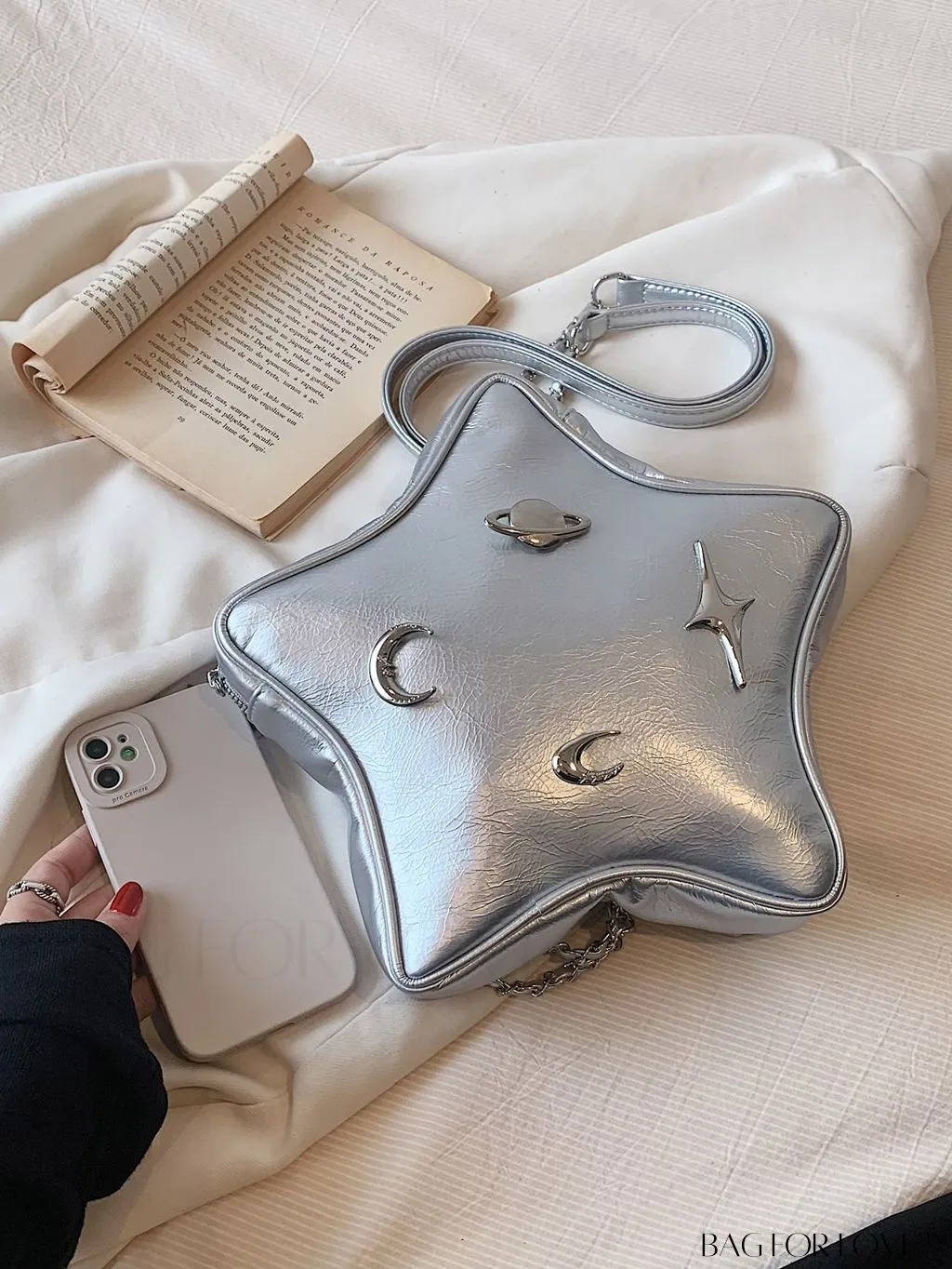 BagForLove - Chic Silver Backpack with Unique Star Design, Metal Decor & Funky Chain Strap