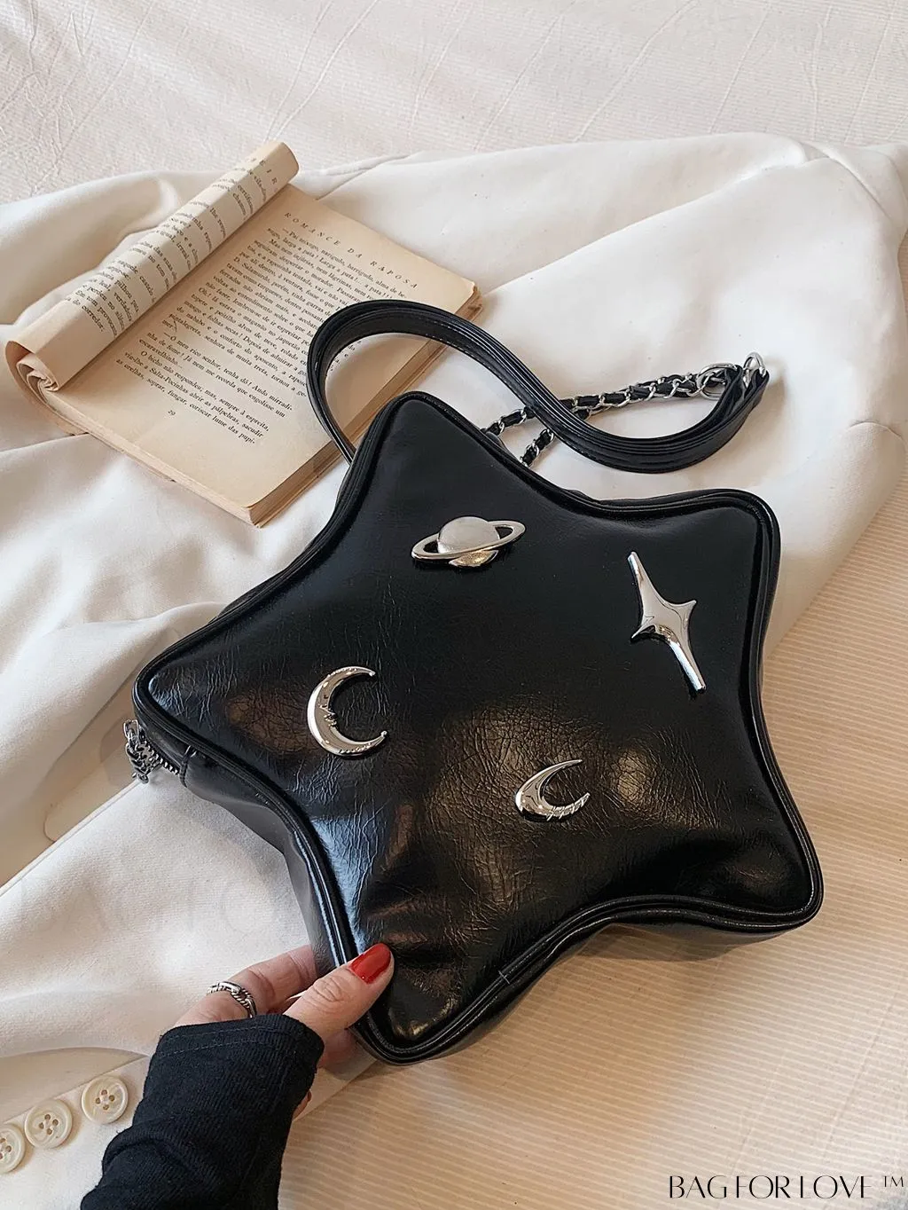 BagForLove - Chic Silver Backpack with Unique Star Design, Metal Decor & Funky Chain Strap