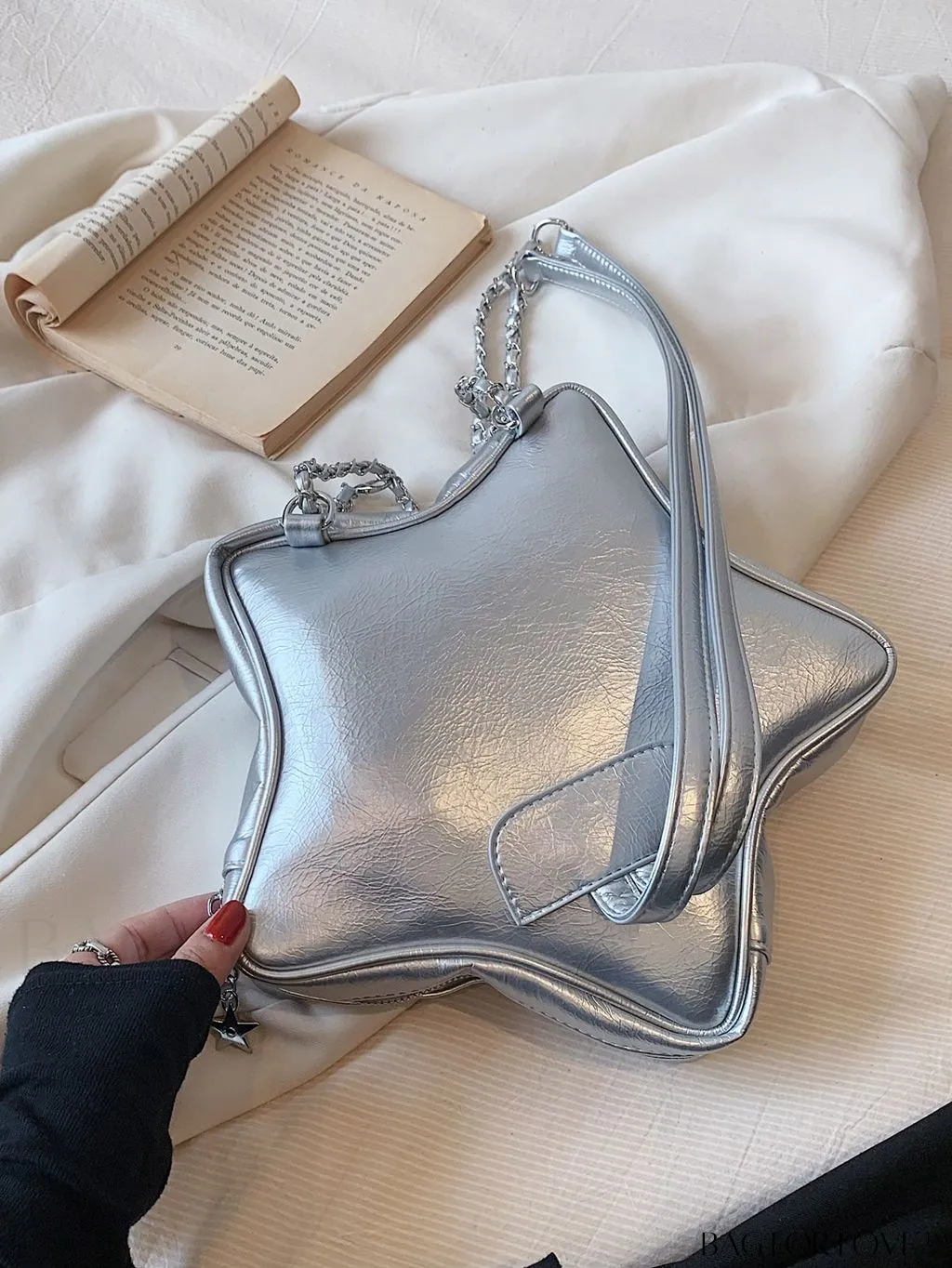 BagForLove - Chic Silver Backpack with Unique Star Design, Metal Decor & Funky Chain Strap