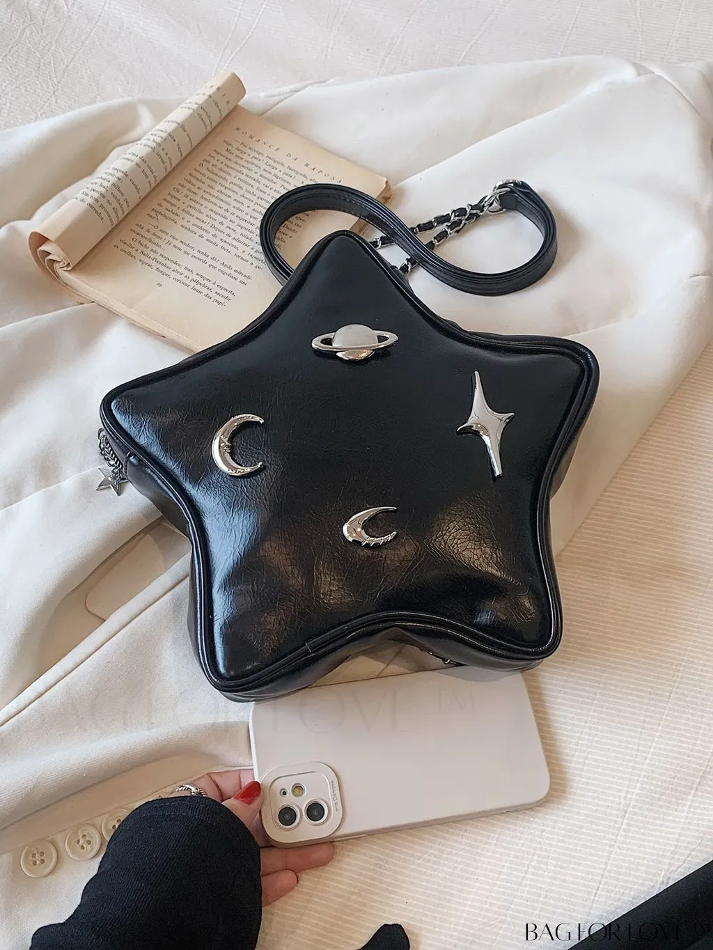 BagForLove - Chic Silver Backpack with Unique Star Design, Metal Decor & Funky Chain Strap