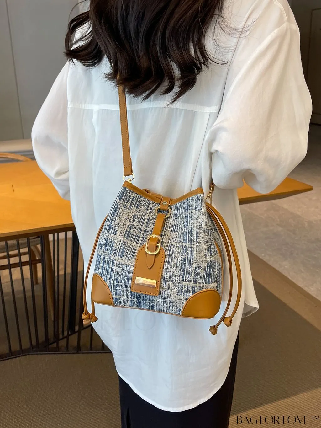 BagForLove - Compact Denim Crossbody Bag with Color-Block and Drawstring Design