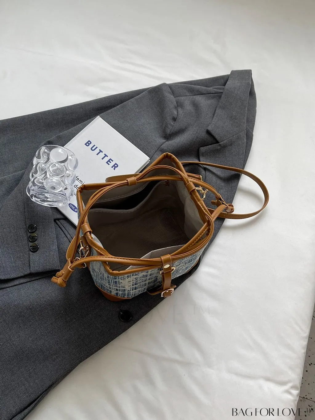 BagForLove - Compact Denim Crossbody Bag with Color-Block and Drawstring Design