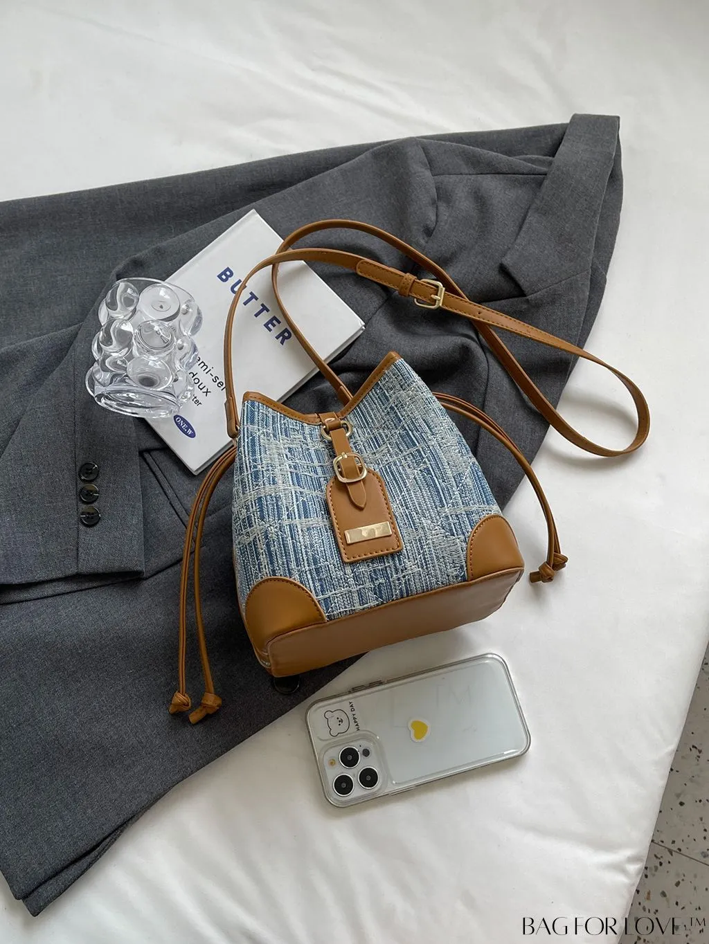 BagForLove - Compact Denim Crossbody Bag with Color-Block and Drawstring Design