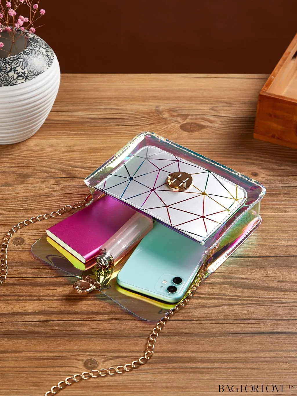 BagForLove - Holographic Geometric Chain Bag with Push Lock: Mini-Sized and Stylish