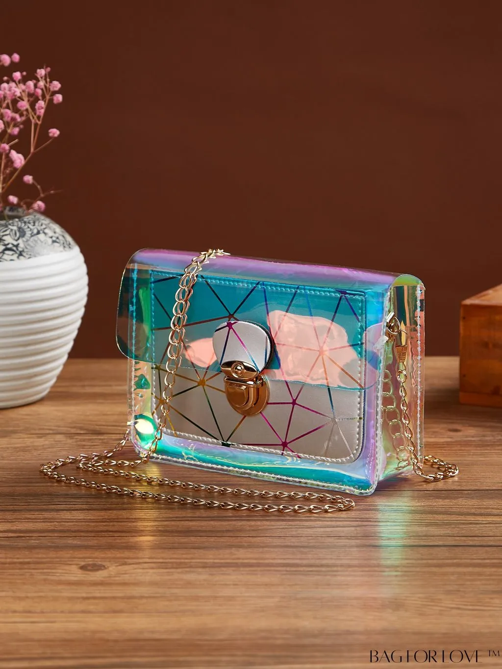 BagForLove - Holographic Geometric Chain Bag with Push Lock: Mini-Sized and Stylish
