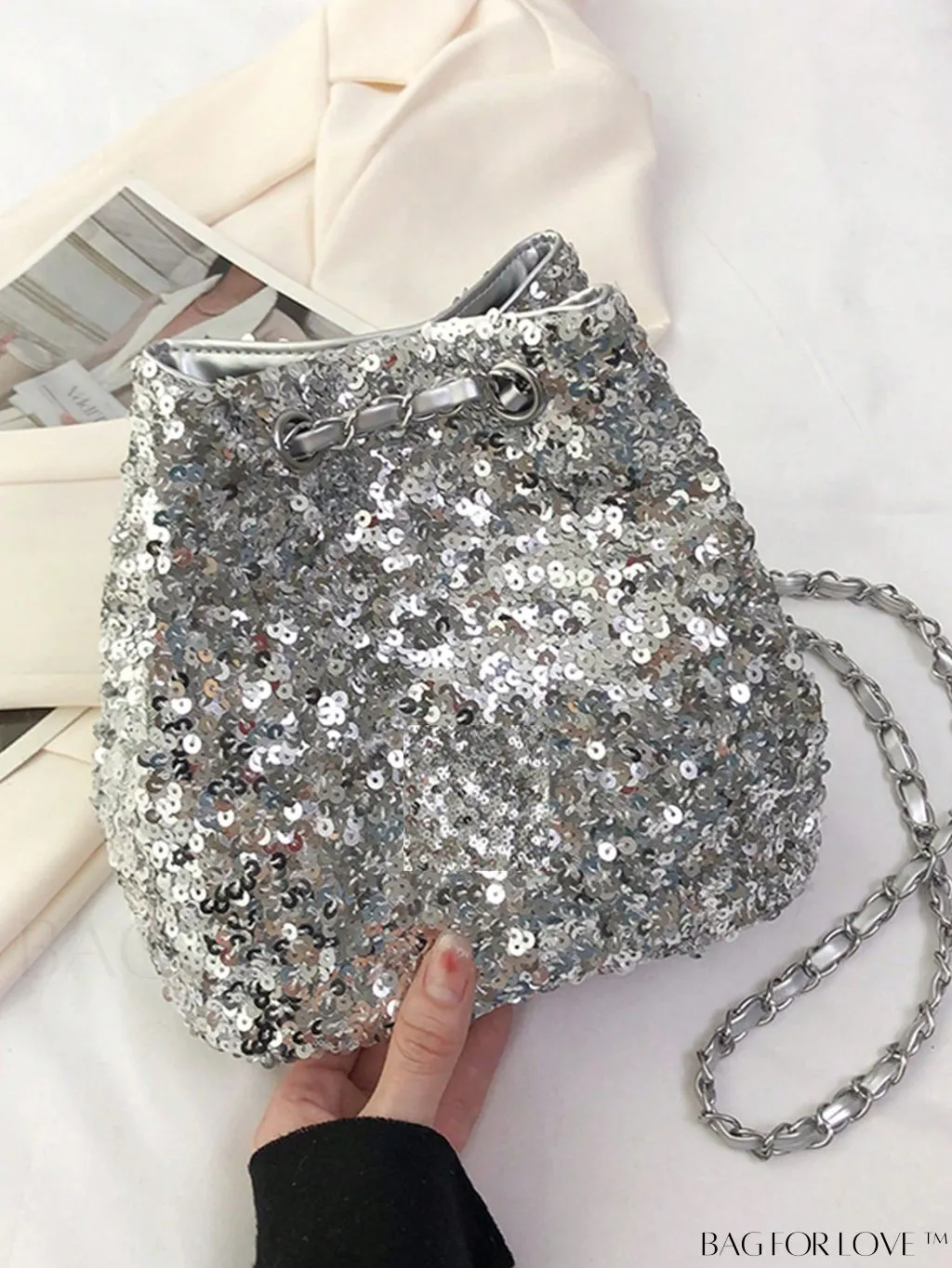 BagForLove - Stylish Silver Bucket Bag with Metal Patch Sequins - Ideal for Weddings, Proms & Parties